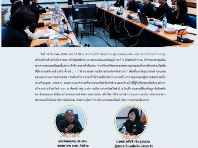 นางสาวพัชรี เจิมสุวรรณ ผู้ตรวจเงินแผ่นดิน (สตภ.9) เป็นประธานการประชุมเปิดการตรวจสอบผลสัมฤทธิ์และประสิทธิภาพการดำเนินงาน “การบริหารจัดการอาคารสาธารณะขององค์การบริหารส่วนจังหวัดที่มีการก่อสร้างแล้วเสร็จ ตั้งแต่ 1 – 7 ปี ขององค์การบริหารส่วนจังหวัดลำปาง”