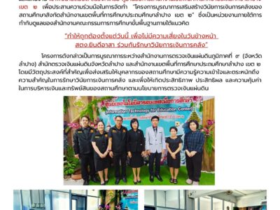 ประสานความร่วมมือในการจัดทำโครงการบูรณาการเสริมสร้างวินัยการเงินการคลังของสถานศึกษาสังกัดสำนักงานเขตพื้นที่การศึกษาประถมศึกษาลำปาง เขต ๒