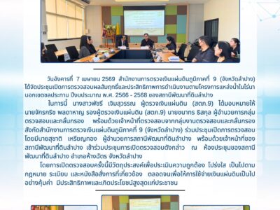 ประชุมเปิดการตรวจสอบผลสัมฤทธิ์และประสิทธิภาพการดำเนินงานตามโครงการแหล่งน้ำในไร่นา นอกเขตชลประทาน ปีงบประมาณ พ.ศ. 2566 – 2568 ของสถานีพัฒนาที่ดินลำปาง
