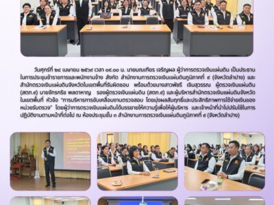 ผู้ว่าการตรวจเงินแผ่นดิน เป็นประธานในการประชุมข้าราชการและพนักงานจ้าง สังกัด สำนักงานการตรวจเงินแผ่นดินภูมิภาคที่ ๙ (จังหวัดลำปาง) และสำนักตรวจเงินแผ่นดินจังหวัดในเขตพื้นที่รับผิดชอบ