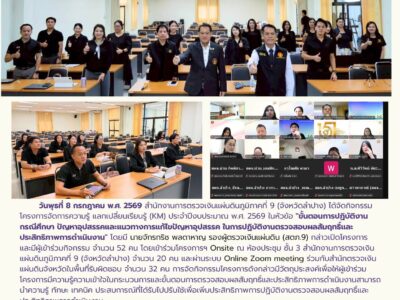 โครงการจัดการความรู้ แลกเปลี่ยนเรียนรู้ (KM) ประจำปีงบประมาณ พ.ศ. 2569 ในหัวข้อ “ขั้นตอนการปฏิบัติงาน กรณีศึกษา ปัญหาอุปสรรคและแนวทางการแก้ไขปัญหาอุปสรรค ในการปฏิบัติงานตรวจสอบผลสัมฤทธิ์และประสิทธิภาพการดำเนินงาน”
